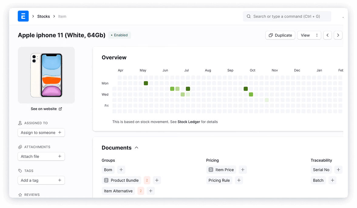 ERPNext — หน้าจอคลังสินค้าและรายละเอียดสินค้า (Stock)